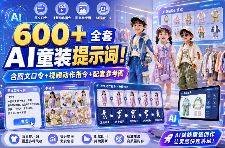 600+全套AI童装提示词！含图文口令+视频动作指令+配套参考图，Word-Excel规整分类，童装电商、种草无脑量产内容！-易创网