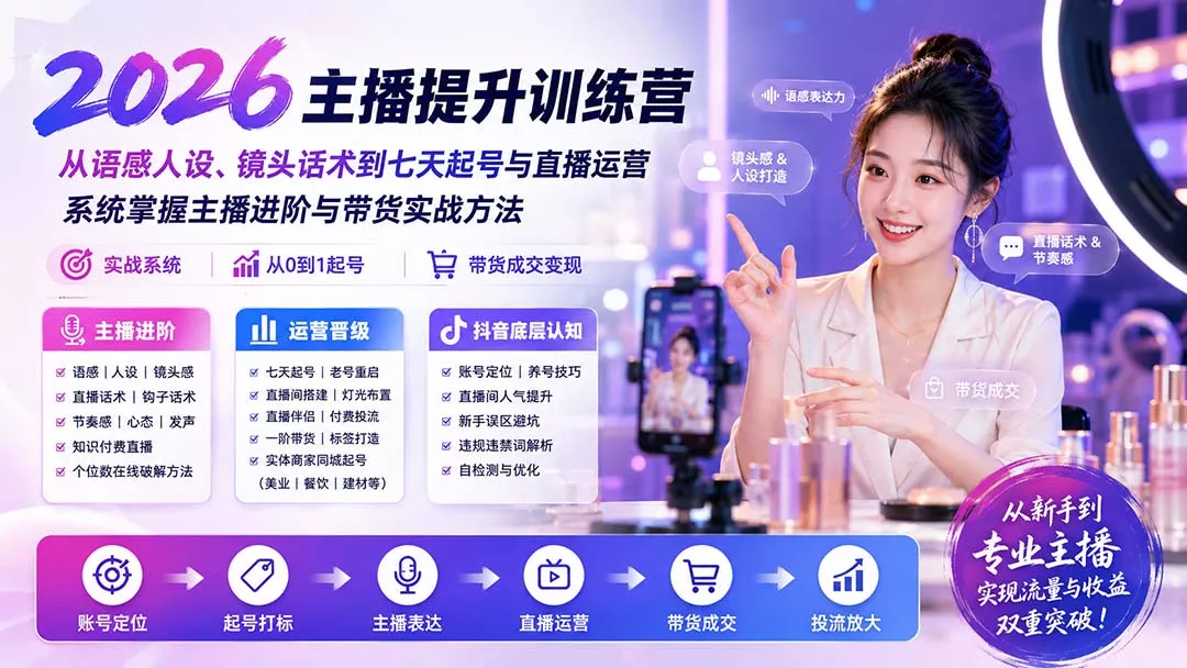 2026主播提升训练营：从语感人设、镜头话术到七天起号与直播运营，系统掌握主播进阶与带货实战方法-易创网