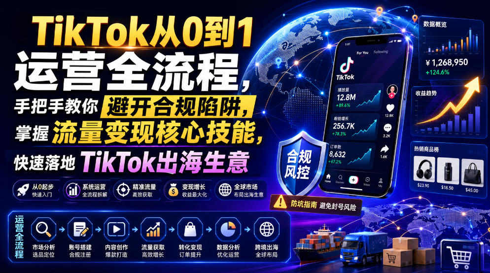 TikTok从0到1运营全流程，手把手教你避开合规陷阱，掌握流量变现核心技能，快速落地TikTok出海生意（更新8月）-易创网