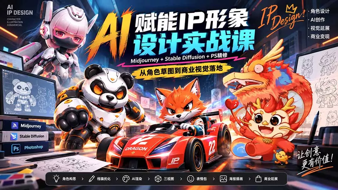 AI赋能IP形象设计实战课-无水印：Midjourney+Stable Diffusion+PS精修，从角色草图到商业视觉落地-易创网