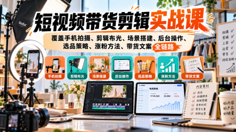 短视频带货剪辑实战课，覆盖手机拍摄、剪辑布光、场景搭建、后台操作、选品策略、涨粉方法、带货文案全链路-易创网