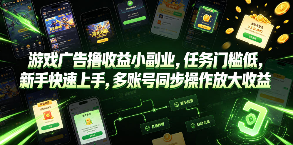 游戏广告撸收益小副业，任务门槛低，新手快速上手，多账号同步操作放大收益-易创网
