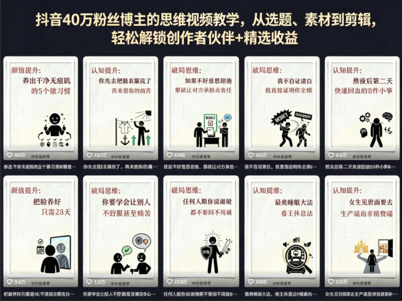 抖音40W粉丝博主的思维视频教学，从选题、素材到剪辑，轻松解锁创作者伙伴+精选收益-易创网