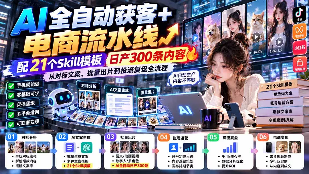 【无水印】AI全自动获客+电商流水线：配21个Skill模板，日产300条内容，从对标文案、批量出片到投流复盘全流程-易创网