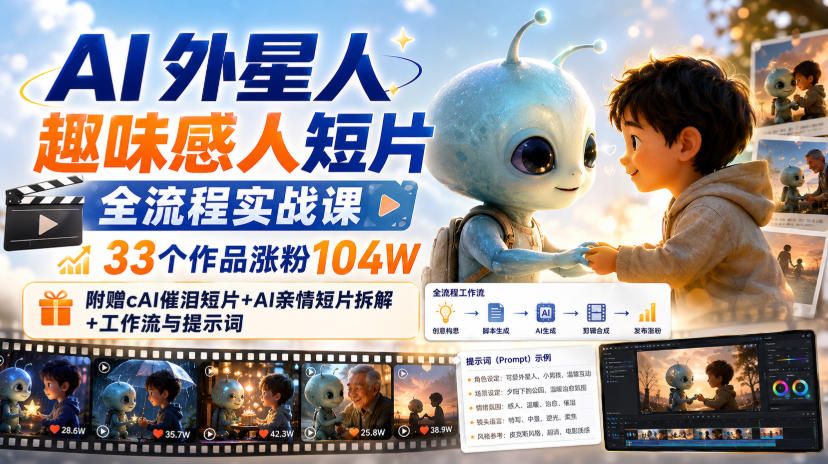 AI外星人趣味感人短片全流程实战课，33个作品涨粉104W，附赠AI催泪短片+AI亲情短片拆解+工作流与提示词-易创网