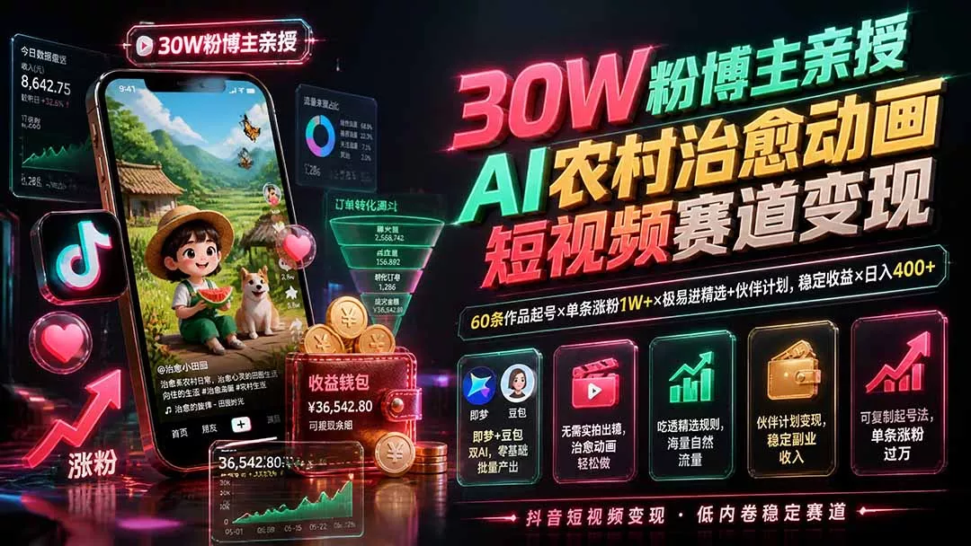 30W粉博主亲授AI农村治愈动画短视频赛道变现:60条作品起号×单条涨粉1W+×极易进精选+伙伴计划,稳定收益×日入400+ 30W粉博主亲授AI农村治愈动画短视频赛道变现:60条作品起号×单条涨粉1W+×极易进精选+伙伴计划,稳定收益×日入400+