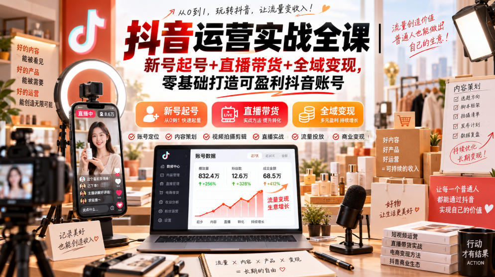 抖音运营实战全课｜新号起号+直播带货+全域变现，零基础打造可盈利抖音账号-易创网