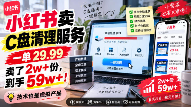 小红书卖C盘清理服务，一单29.99，卖了2w+份，技术也是虚拟产品-易创网