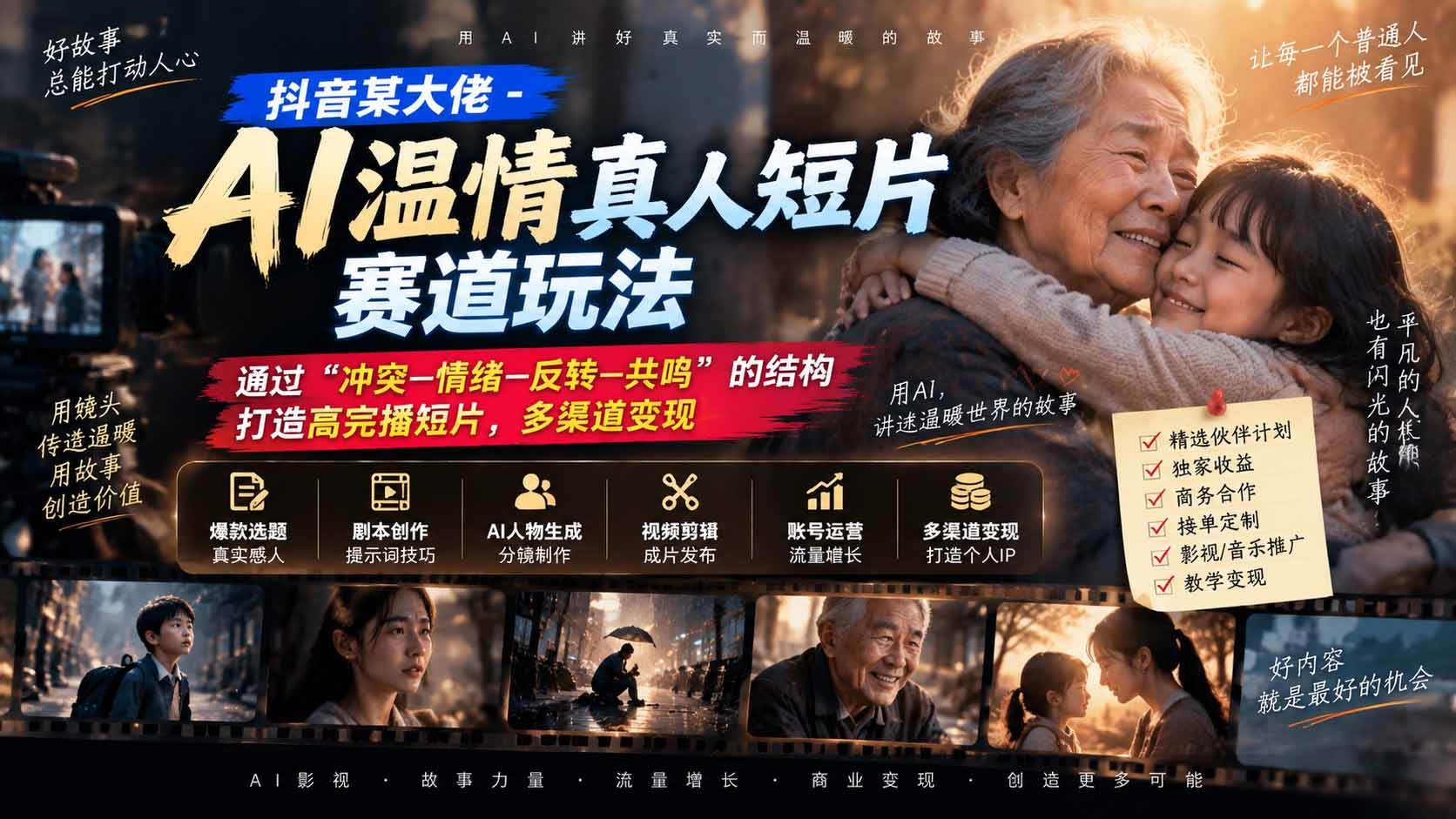 （20538期）抖音某大佬-AI温情真人短片赛道玩法：通过“冲突—情绪—反转—共鸣”的结构打造高完播短片，多渠道变现-易创网