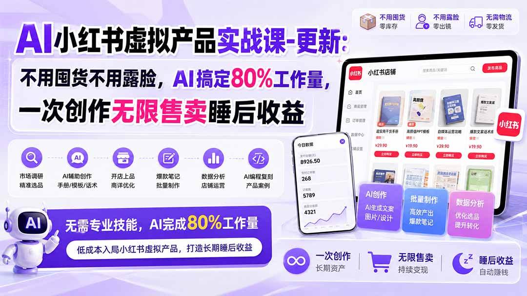 （20311期）AI小红书虚拟产品实战课-更新：不用囤货不用露脸，AI搞定80%工作量，一次创作无限售卖睡后收益-易创网