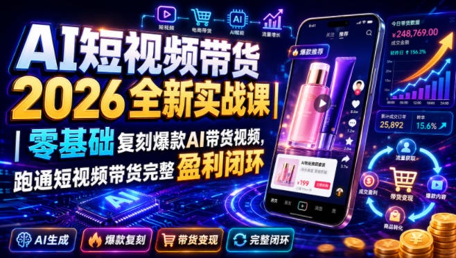 AI短视频带货2026全新实战课｜零基础复刻爆款AI带货视频，跑通短视频带货完整盈利闭环-易创网
