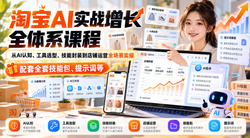 淘宝AI实战增长全体系课程，从AI认知、工具选型、技能封装到店铺运营全场景实操，配套全套技能包、提示词等-易创网