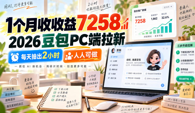 1个月收收益7258，2026豆包PC端拉新，每天抽出2小时，人人可做-易创网