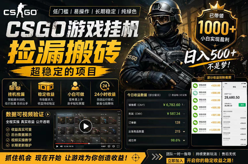 CSGO游戏搬砖，全自动挂G，不需要玩游戏，手机操作日入300+，解放双手【揭秘】-易创网