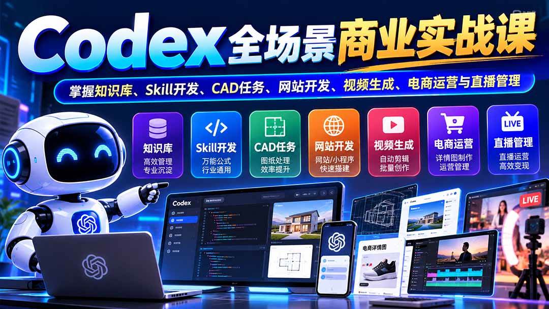 （20712期）【无水印】Codex全场景商业实战课：掌握知识库、Skill开发、CAD任务、网站开发、视频生成、电商运营与直播管理-易创网