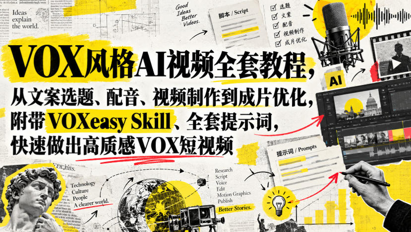 VOX风格AI视频全套教程，从文案选题、配音、视频制作到成片优化，附带VOXeasy Skill、全套提示词，快速做出高质感VOX短视频-易创网