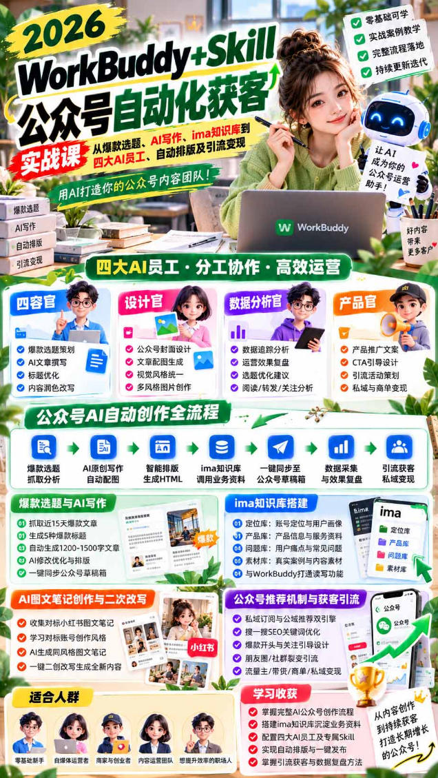 2026WorkBuddy+Skill公众号自动化获客实战课，从爆款选题、AI写作、ima知识库到四大AI员工、自动排版及引流变现，用AI打造你的公众号内容团队-易创网