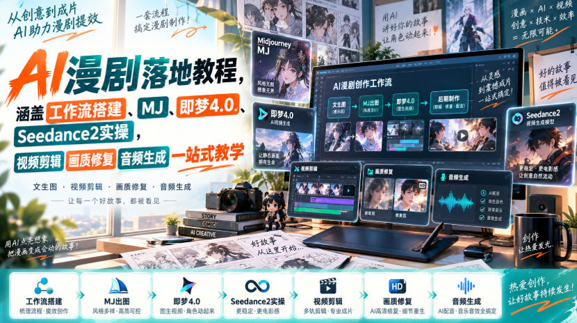 AI漫剧落地教程，涵盖工作流搭建、MJ、即梦4.0、Seedance2实操，视频剪辑画质修复音频生成一站式教学-易创网