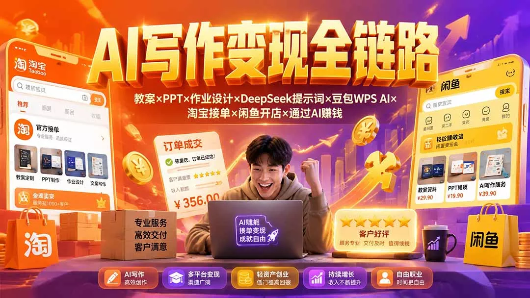 2026AI写作变现全链路:教案×PPT×作业设计×DeepSeek提示词×豆包WPS AI×淘宝接单×闲鱼开店×通过AI賺钱 2026AI写作变现全链路:教案×PPT×作业设计×DeepSeek提示词×豆包WPS AI×淘宝接单×闲鱼开店×通过AI賺钱