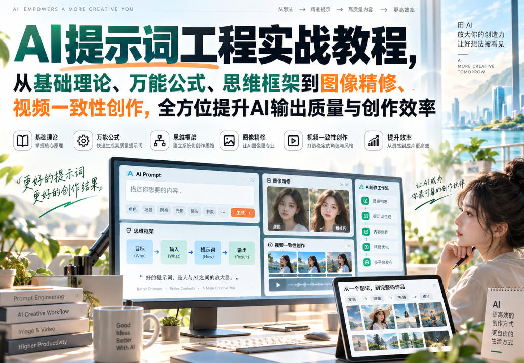 AI提示词工程实战教程，从基础理论、万能公式、思维框架到图像精修、视频一致性创作，全方位提升AI输出质量与创作效率-易创网