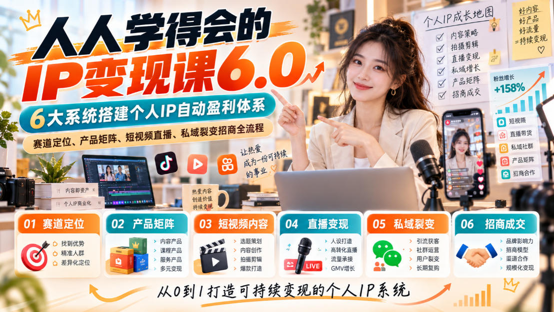人人学得会的IP变现课6.0，6大系统搭建个人IP自动盈利体系，赛道定位、产品矩阵、短视频直播、私域裂变招商全流程-易创网