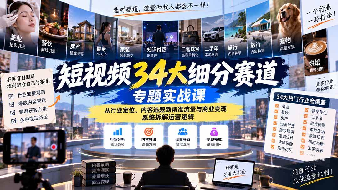 （20600期）短视频34大细分赛道专题实战课：从行业定位、内容选题到精准流量与商业变现，系统拆解运营逻辑-易创网