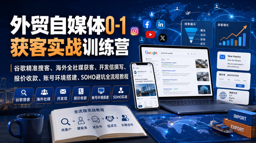 外贸自媒体0-1获客实战训练营｜谷歌精准搜客、海外全社媒获客、开发信撰写、报价收款、账号环境搭建、SOHO避坑全流程教程-易创网