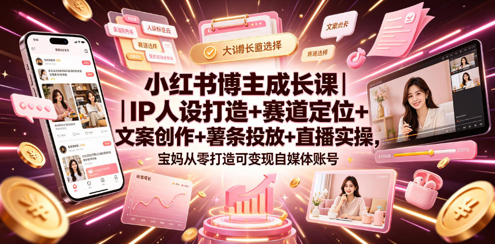 小红书博主成长课｜IP人设打造+赛道定位+文案创作+薯条投放+直播实操，宝妈从零打造可变现自媒体账号-易创网