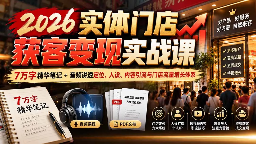2026实体门店获客变现实战课：7万字精华笔记+音频讲透定位、人设、内容引流与门店流量增长体系-易创网