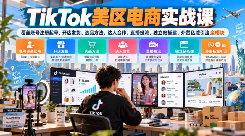 TikTok美区电商实战课，覆盖账号注册起号、开店发货、选品方法、达人合作、直播投流、独立站搭建、外贸私域引流全模块-易创网