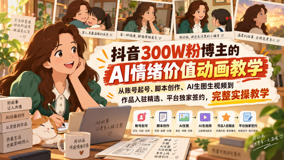 抖音300W粉博主的AI情绪价值动画教学，从账号起号、脚本创作、AI生图生视频到作品入驻精选、平台独家签约，完整实操-易创网