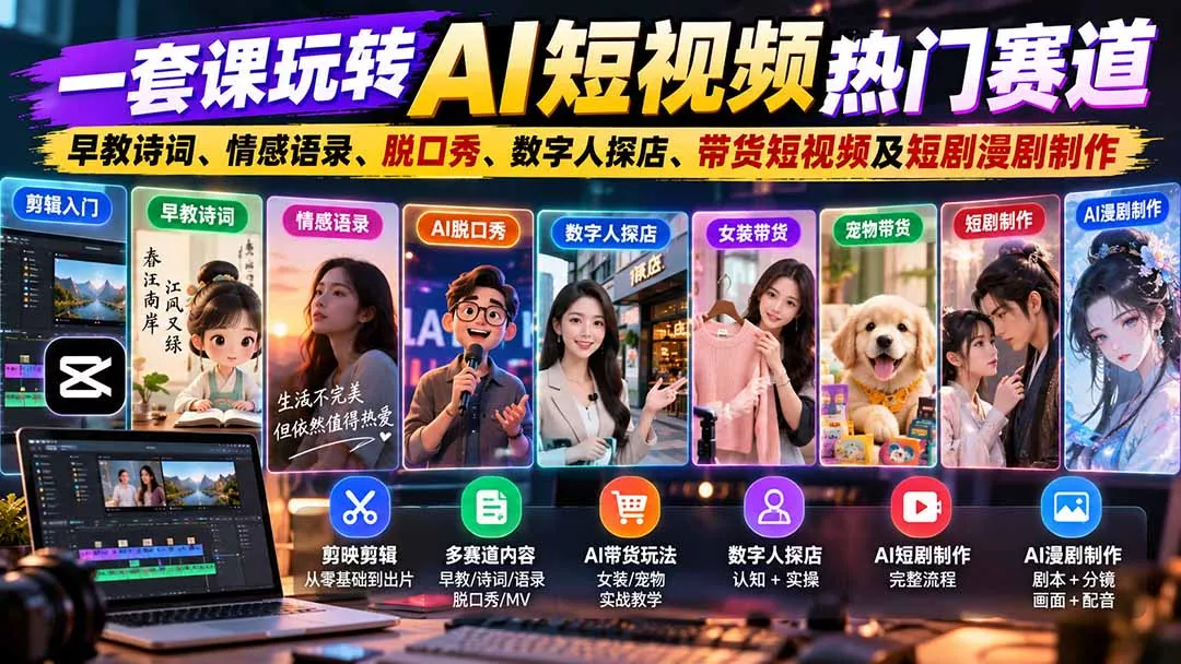 一套课玩转AI短视频热门赛道：早教诗词、情感语录、脱口秀、数字人探店、带货短视频及短剧漫剧制作 复制标题-易创网