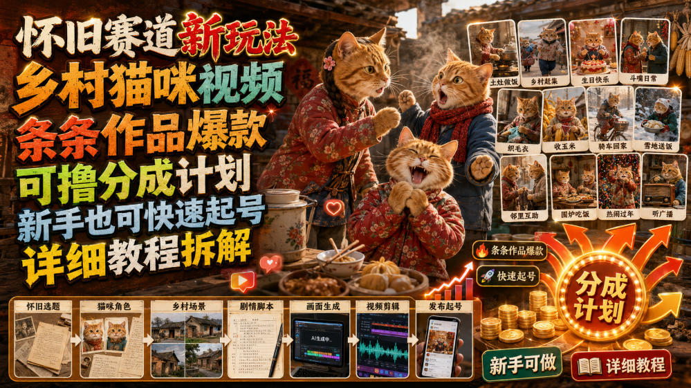 怀旧赛道新玩法，乡村猫咪视频，条条作品爆款，可撸分成计划，新手也可快速起号，详细教程拆解-易创网