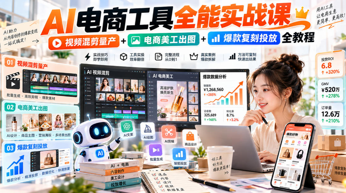 AI电商工具全能实战教学，视频混剪量产+电商美工出图+爆款复刻投放全教程-易创网
