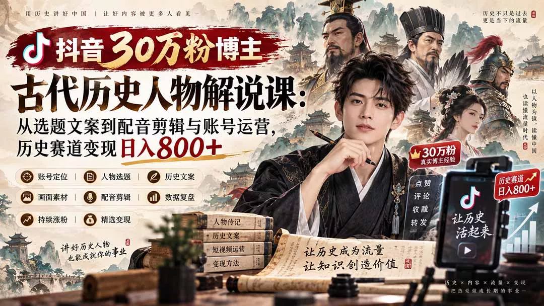 抖音30万粉博主古代历史人物解说课：从选题文案到配音剪辑与账号运营，历史赛道变现日入800+-易创网