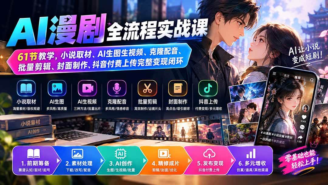 (20199期)AI漫剧全流程实战课|61节教学,小说取材、AI生图生视频、克隆配音、批量剪辑、封面制作、抖音付费上传完整变现闭环 (20199期)AI漫剧全流程实战课|61节教学,小说取材、AI生图生视频、克隆配音、批量剪辑、封面制作、抖音付费上传完整变现闭环