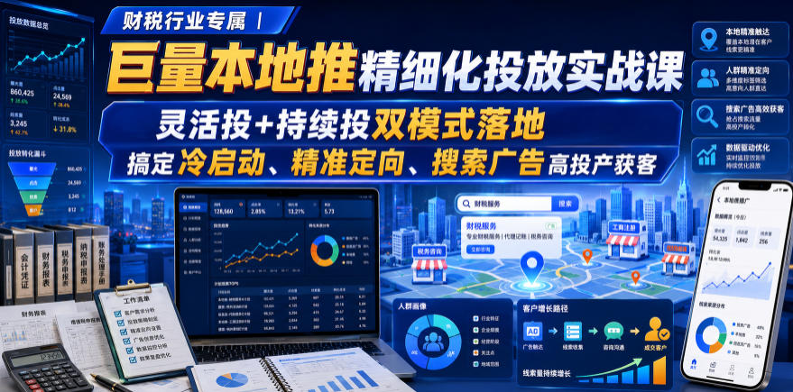 财税行业专属｜巨量本地推精细化投放实战课，灵活投+持续投双模式落地，搞定冷启动、精准定向、搜索广告高投产获客-易创网