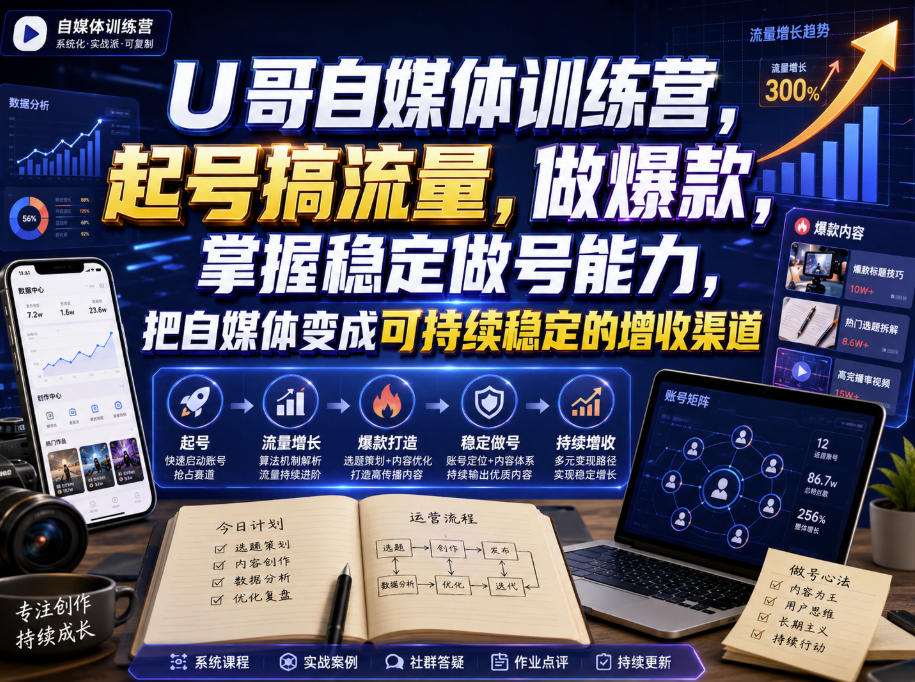 U哥自媒体训练营，起号搞流量，做爆款，掌握稳定做号能力，把自媒体变成可持续稳定的增收渠道-易创网
