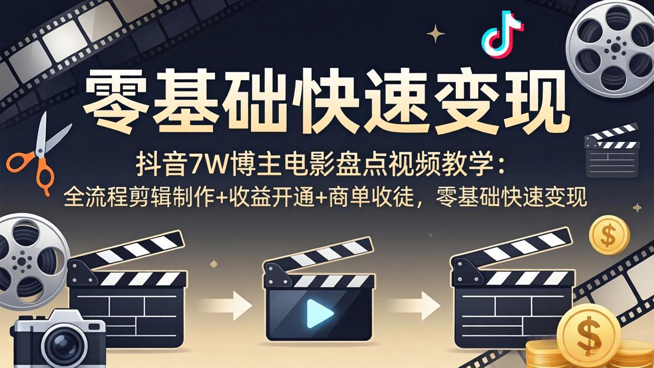 抖音7W博主电影盘点视频教学：全流程剪辑制作+收益开通+商单收徒，零基础快速变现-易创网