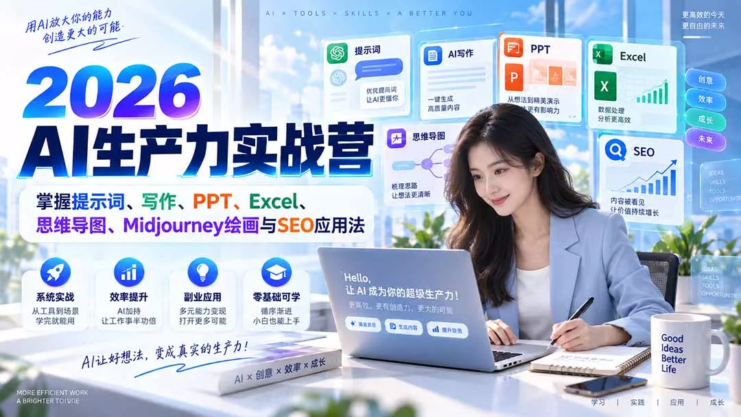 2026AI生产力实战营：掌握提示词、写作、PPT、Excel、思维导图、Midjourney绘画与SEO应用法-易创网