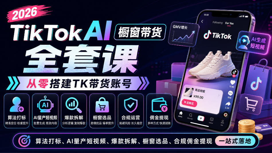 2026TikTok AI橱窗带货全套课，从零搭建TK带货账号，算法打标、AI量产短视频、爆款拆解、橱窗选品、合规佣金提现一站式落地-易创网