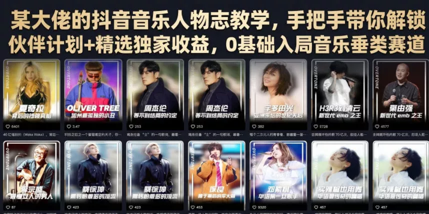 某大佬的抖音音乐人物志教学，手把手带你解锁伙伴计划+精选独家收益，0基础入局音乐垂类赛道-易创网
