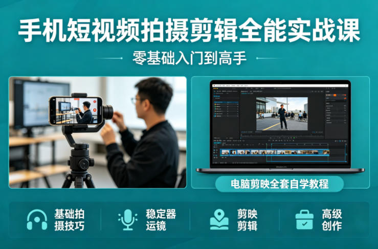 手机短视频拍摄剪辑全能实战课：零基础入门到高手，稳定器运镜+电脑剪映全套自学教程-易创网