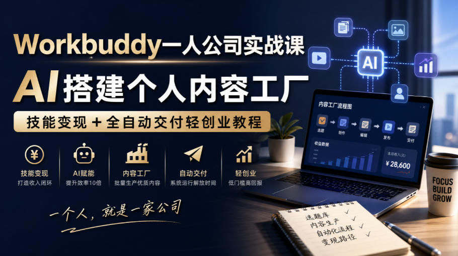Workbuddy一人公司实战课，AI搭建个人内容工厂，技能变现+全自动交付轻创业教程-易创网