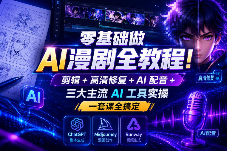 零基础做AI漫剧全教程！剪辑+高清修复+AI配音+三大主流AI工具实操，一套课全搞定-易创网