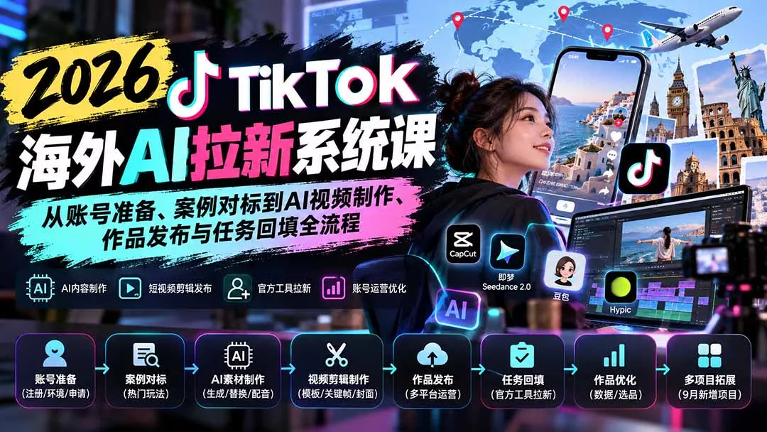【无水印】2026 TikTok海外AI拉新系统课：从账号准备、案例对标到AI视频制作、作品发布与任务回填全流程-易创网