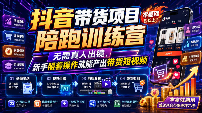 抖音带货项目陪跑训练营，无需真人出镜，新手照着操作就能产出带货短视频（更新0811）-易创网