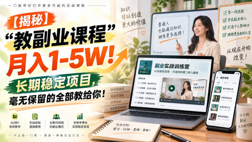 【揭秘】“教副业课程”月入1-5W！长期稳定项目，毫无保留的全部教给你！-易创网