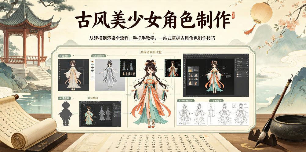 古风美少女角色制作，从建模到渲染全流程，手把手教学，一站式掌握古风角色制作技巧-易创网