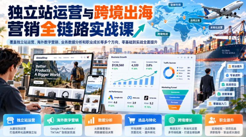 独立站运营与跨境出海营销全链路实战课，覆盖独立站运营、海外数字营销、业务数据分析和职业成长等多个方向，零基础到实战全面提升-易创网